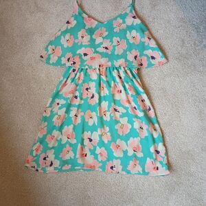 Aqua Floral Tiered Spaghetti Strap Dress Size M